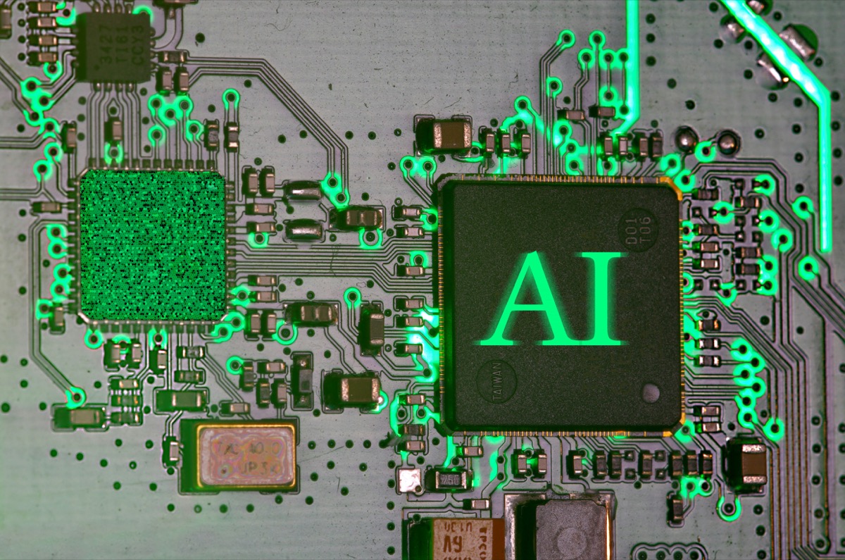 Glowing AI chip on a circuit board representing artificial intelligence